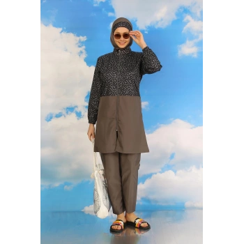 Giyim KADIN PANTOLONLU DESENLİ TAM TESETTÜR MAYO FÜME