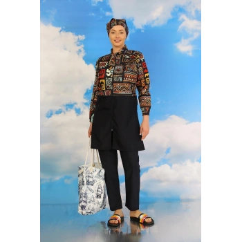 Giyim KADIN PANTOLONLU DESENLİ TAM TESETTÜR MAYO LACİVERT