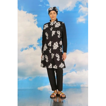 Giyim KADIN PANTOLONLU DESENLİ TAM TESETTÜR MAYO SİYAH