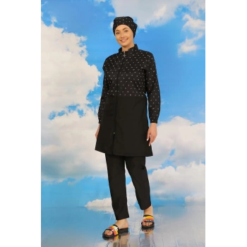 Giyim KADIN PANTOLONLU DESENLİ TAM TESETTÜR MAYO SİYAH