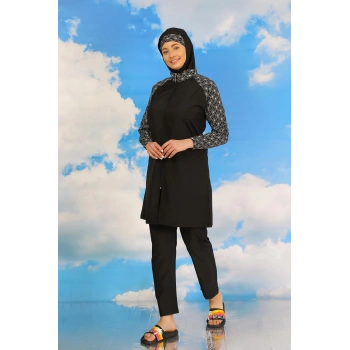 Giyim KADIN PANTOLONLU DESENLİ TAM TESETTÜR MAYO SİYAH