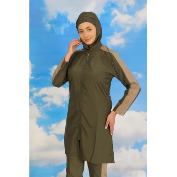 Giyim KADIN PANTOLONLU KOLU ŞERİTLİ TAM TESETTÜR MAYO HAKİ