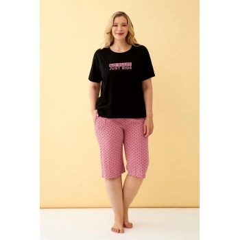 Giyim KADIN SİYAH “NO RULES JUST RİDE” YAZILI BÜYÜK BEDEN KAPRİ PİJAMA TAKIMI