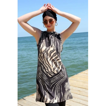 Giyim SIFIR KOL LEOPAR YARIM TESETTÜR MAYO SİYAH