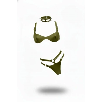 Haki Harness Takım Deri Zımba Detaylı Üç Parça - Brf1298