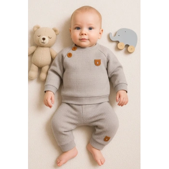 Jakarlı Omuzdan Düğmeli 2li Erkek Bebek Takımı