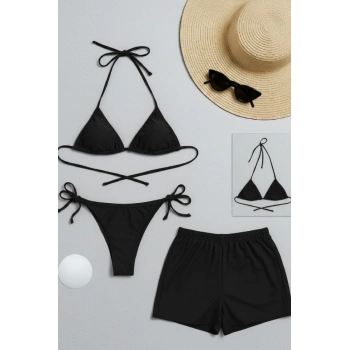 Kadın 3lü Set Siyah Şortlu Ve Yandan Bağlamalı Bikini Mayo Takımı
