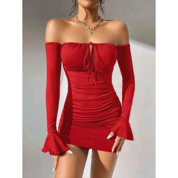 Kadın Kırmızı Dalgıç Kumaş İspanyol Kol Fantezi Elbise 5151