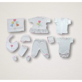 Kalpli Uçan Balon Nakışlı 10lu Yenidoğan Zıbın Takımı Hastane Çıkışı Ekru