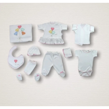 Kalpli Uçan Balon Nakışlı  10lu Zıbın Takımı Hastane Çıkışı Ekru