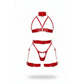 Kırmızı Harness Takım Deri Yüksek Yaka Gerdanlık Detaylı - Brf1378
