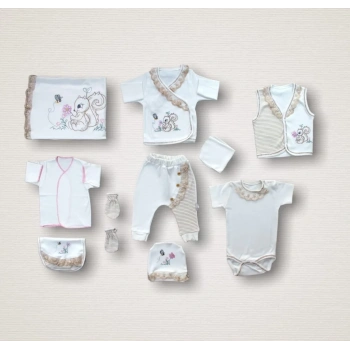 Minik Sincap Nakışlı  10lu Zıbın Takımı Hastane Çıkışı Ekru