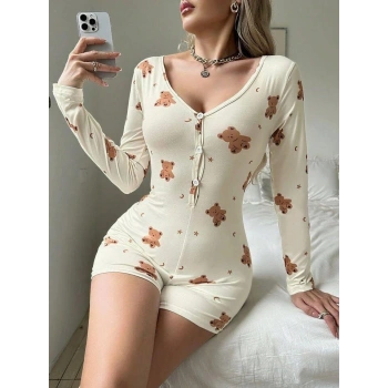 Pamuklu Ekru Ayıcık Desenli Düğmeli Tulum Pijama
