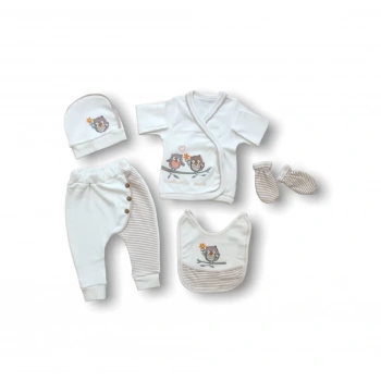 Romantik Çift Baykuş Nakışlı  5li Yenidoğan Zıbın Takımı Hastane Çıkışı Ekru