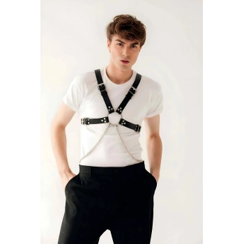 Şık Zincir Detaylı Deri Erkek  Göğüs Harness - Brfm95