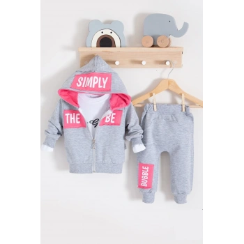 Simply Desenli Kapişonlu 3lü Kız Bebek Takımı