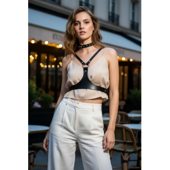 Siyah Kadın Kemer Deri Göğüs Üstü Vücut Aksesuarı - Brf1299