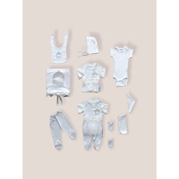 Taçlı Prensesim Nakışlı  10lu Zıbın Takımı Hastane Çıkışı Ekru