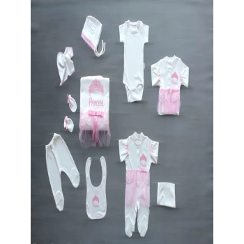 Taçlı Prensesim Nakışlı  10lu Zıbın Takımı Hastane Çıkışı Pembe