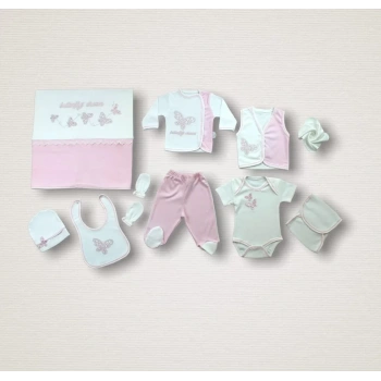 Uçan Kelebekler Nakışlı  10lu Zıbın Takımı Hastane Çıkışı Pembe