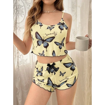 Under Moda Kadın Sarı Kelebek Desenli Askılı Şortlu Ribana Pijama Takımı,Rahat ve Şık Ev Giyim,Kadın Pijama