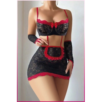 Under Moda Kadın Siyah Dantel Etekli, Kol Bantlı, Göğüs Balenli  Fantazi Kostüm