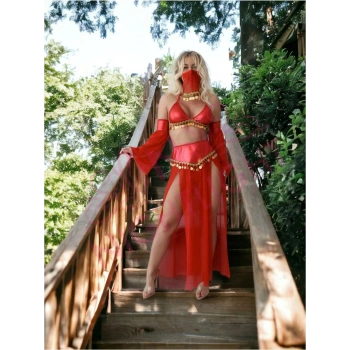 Under Moda Kırmızı Peçeli Dansöz Kıyefeti