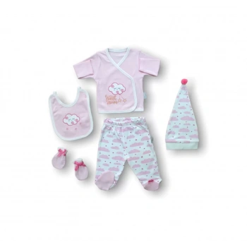 Uykucu Bulut Nakışlı 5li Yenidoğan Zıbın Takımı Hastane Çıkışı Pembe