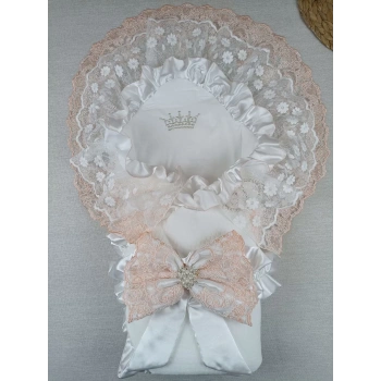 Yenidoğan Bal Peteği Taç Nakışlı Lüks Kundak Bebek Battaniyesi Ekru