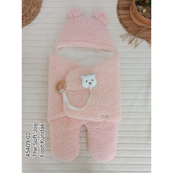 Yenidoğan Kulaklı Şapkalı Açılır Kucaklı Cırt Kapamalı Ayaklı Bebek Battaniyesi Kundak Pembe