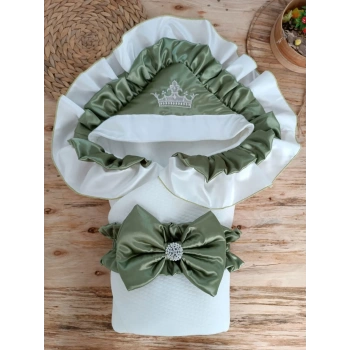 Yenidoğan Mehtap Lüks Kelebek Taç Nakışlı Bebek Battaniyesi Kundak Yeşil