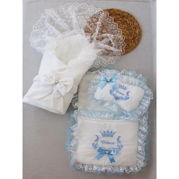 Yenidoğan Nil Taç Nakışlı Kundaklı Trilüks 3lü Alt Açma Seti Mavi