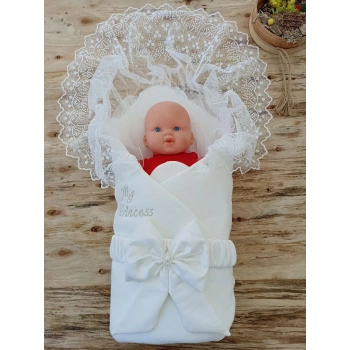Yenidoğan Sahra My Princess Nakışlı Lüks Kundak Bebek Battaniyesi Ekru