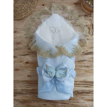 Yenidoğan Shine Kumru Melek Kanat Fiyonklu Gold Dantel Duvaklı Delüks Kundak Bebek Battaniyesi Mavi