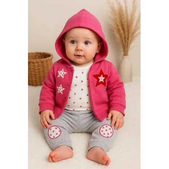 Yıldız Nakışlı Kapişonlu Kız Bebek Takımı
