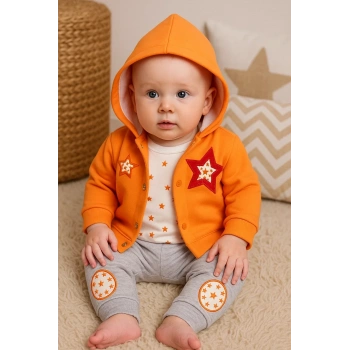 Yıldız Nakışlı Kapişonlu Kız Bebek Takımı