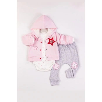 Yıldız Nakışlı Kapişonlu Kız Bebek Takımı