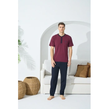 9513 Erkek  Midi Yaka Kısa Kol Pijama Takım