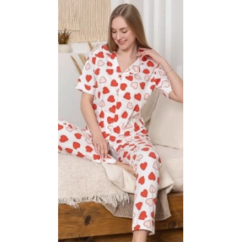 Alissa 6295 Kadın Kalp Desenli Patlı Pijama Takımı