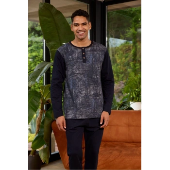 Erkek 8053 Erkek  Midi Yaka Uzun Kollu Pijama Takımı