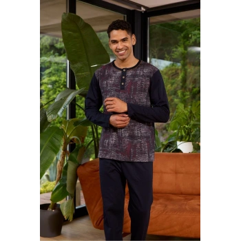 Erkek 8053 Erkek  Midi Yaka Uzun Kollu Pijama Takımı