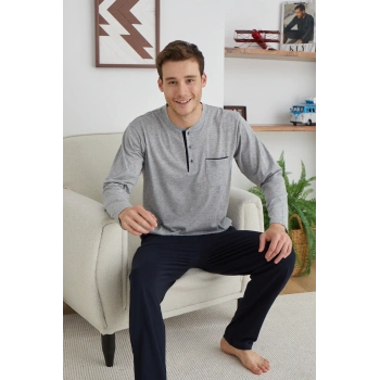Erkek 9111 Battal  Erkek   Midi Yaka Pijama Takımı
