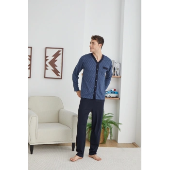 Erkek 9252 Erkek   V Yaka Boydan Düğmeli Pijama Takımı