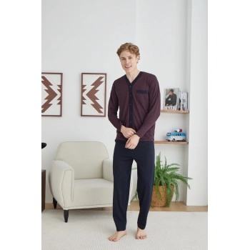 Erkek 9252 Erkek   V Yaka Boydan Düğmeli Pijama Takımı