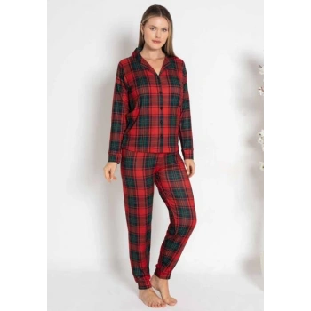 Estiva 24494 Bayan Termal Önü Düğmeli Ekoseli Pijama Takımı