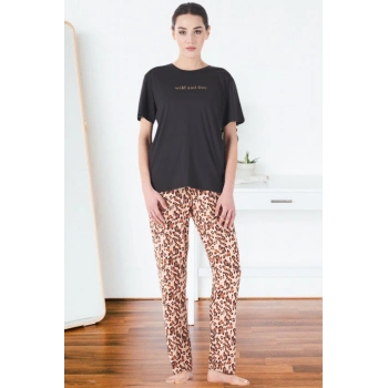 Estiva 25161 Kadın Marla Leoparlı Kısa Kol Pijama Takımı