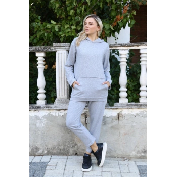 Giyim KADIN PAMUK KAPŞONLU CEPLİ 3 İPLİK GRİ EŞOFMAN TAKIM