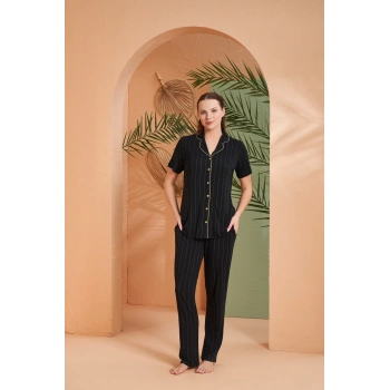 Pjs 27042 Kadın Kısa Kol Çizgili Önü Düğmeli Pijama Takımı