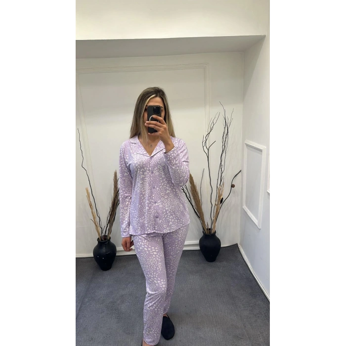 Alissa 6166 Bayan Önü Düğmeli Desenli Pijama Takımı