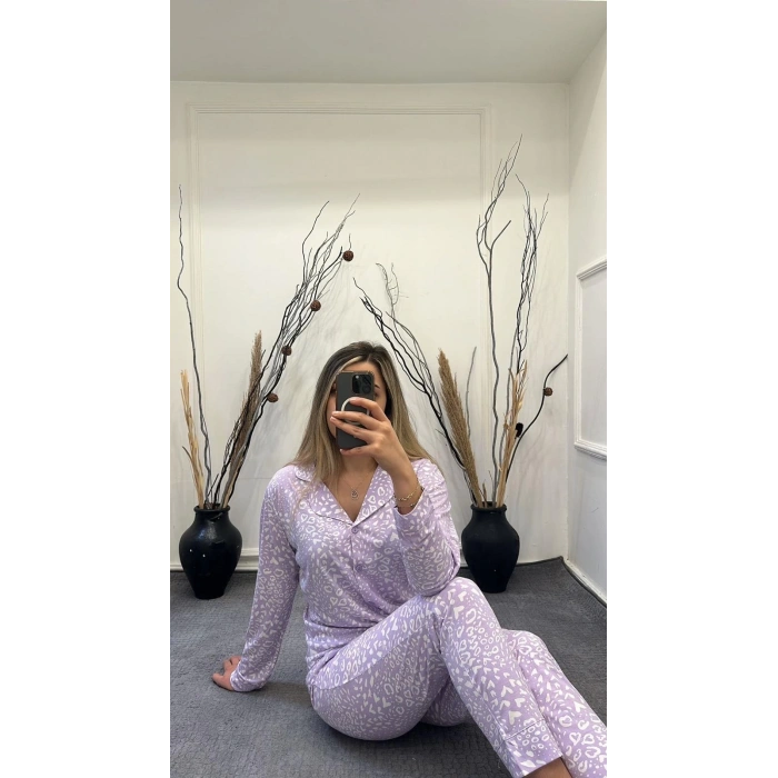 Alissa 6166 Bayan Önü Düğmeli Desenli Pijama Takımı